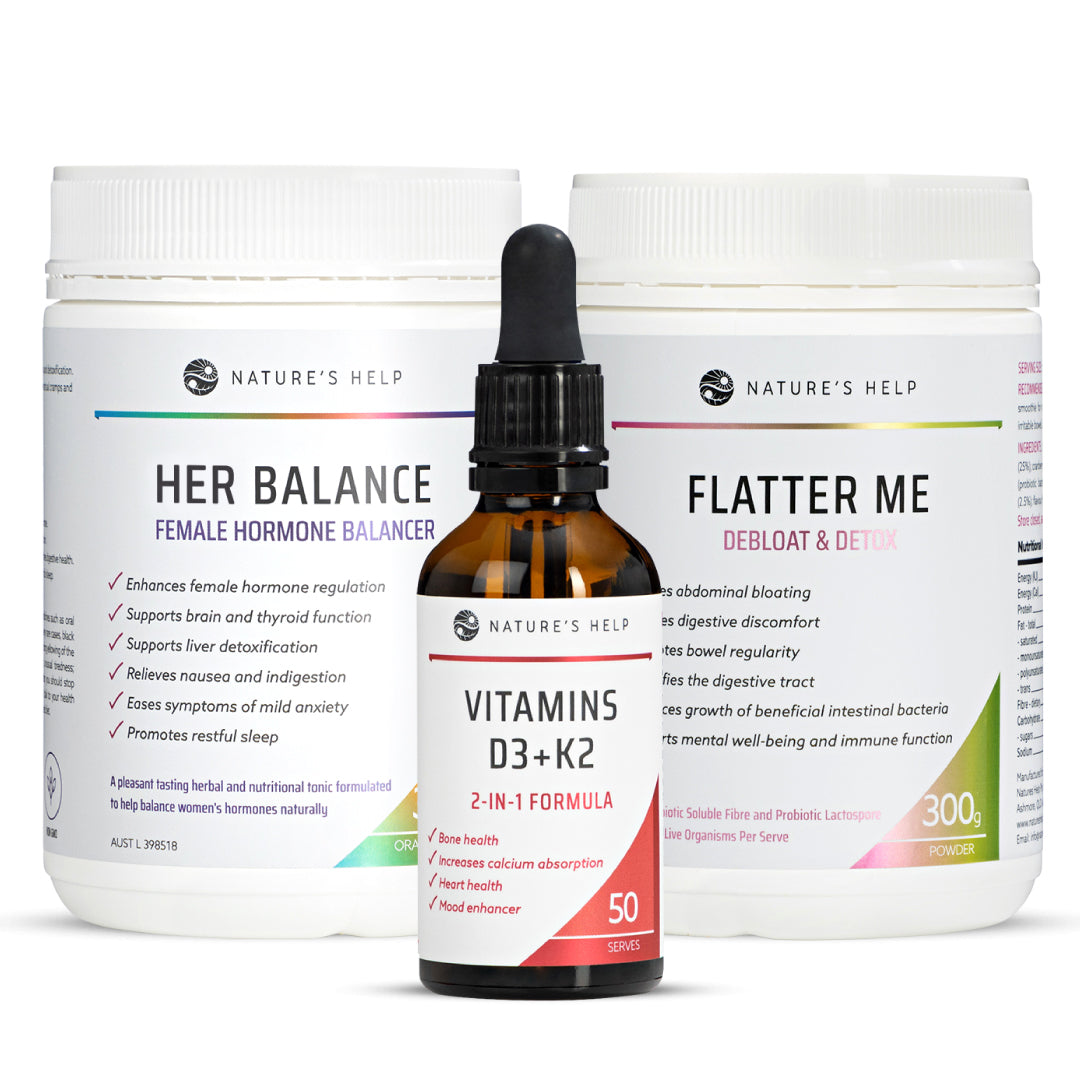 Her Balance, Flatter Me &amp; Vitamins D3+K2 Pack
