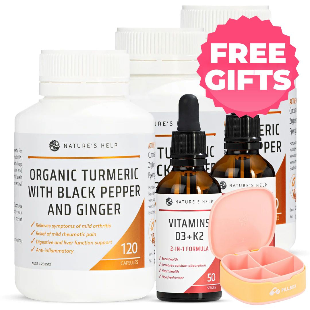 Organic Turmeric Capsules &amp; D3+K2 Pack Plus FREE Pill Case
