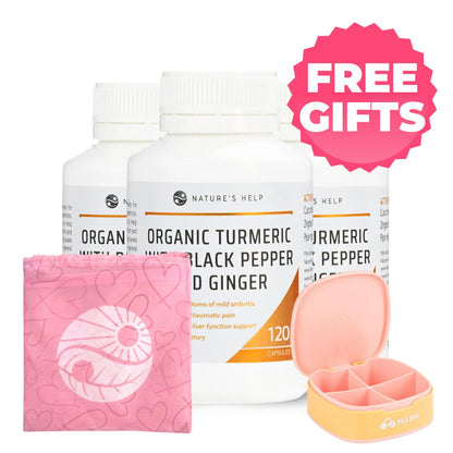3 Turmeric Capsules Value Buy, Get Free Pill Case &amp; Shopping Bag